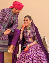 Exclusively Purple couple combo designer outfit in pure pv silk and foil print with detailed hand mirror work